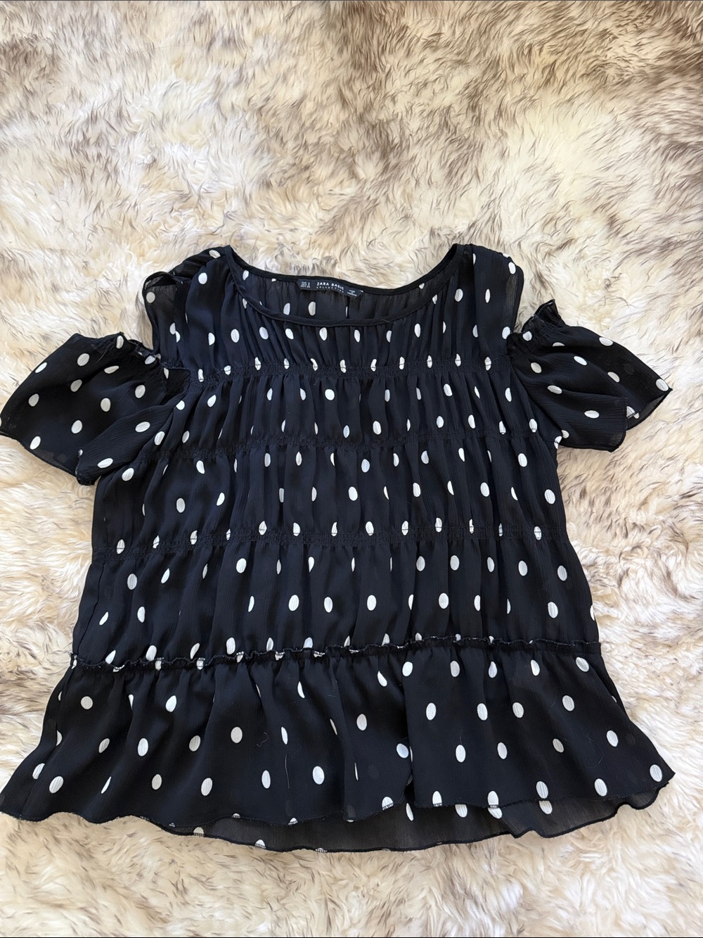 Zara Black and White Cold shoulder Polka Dot Short Puff Sleeve Blouse